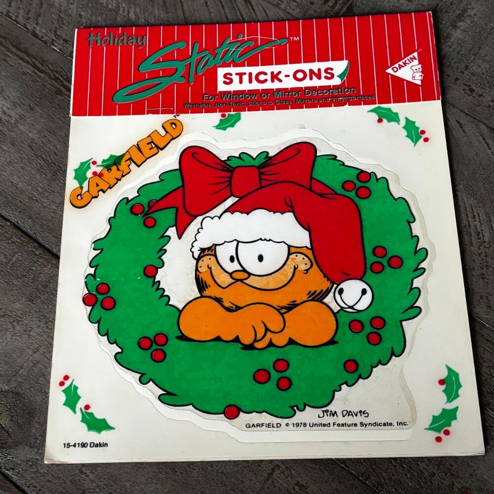 Vintage Garfield Christmas Wreath Car Window Static Stick-On Decal Double Sided